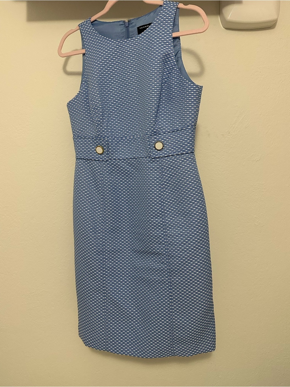 Tahari Sleeveless Light Blue Textured Sheath Dress with Button Detail